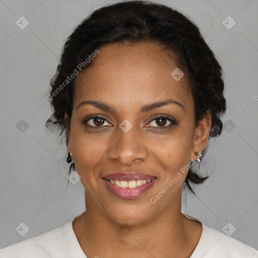 Joyful black young-adult female with medium  brown hair and brown eyes