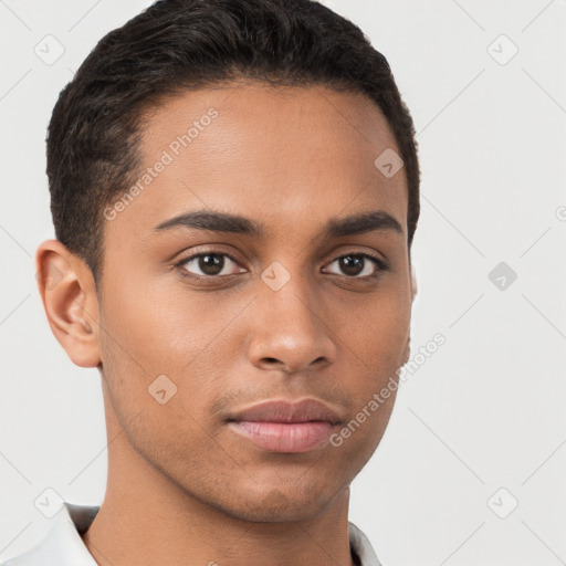 Neutral latino young-adult male with short  brown hair and brown eyes