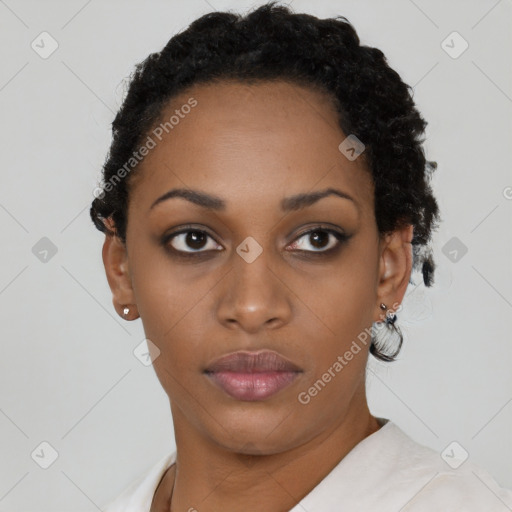 Neutral black young-adult female with short  black hair and brown eyes