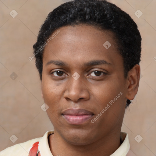 Joyful latino young-adult male with short  brown hair and brown eyes