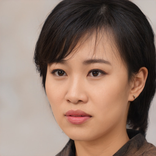 Neutral asian young-adult female with medium  brown hair and brown eyes
