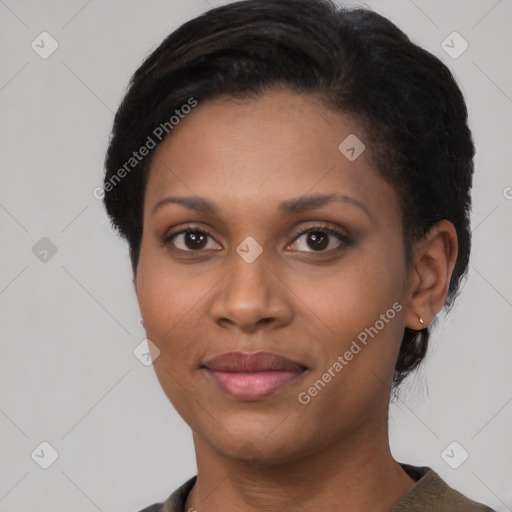 Joyful latino young-adult female with short  black hair and brown eyes