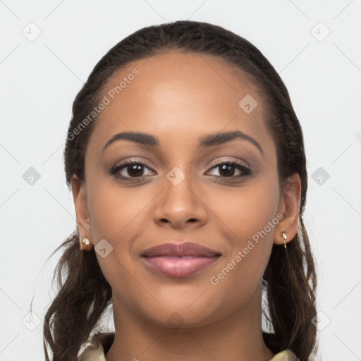 Joyful latino young-adult female with long  brown hair and brown eyes