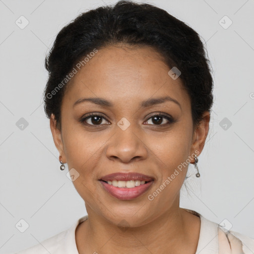 Joyful latino young-adult female with short  brown hair and brown eyes