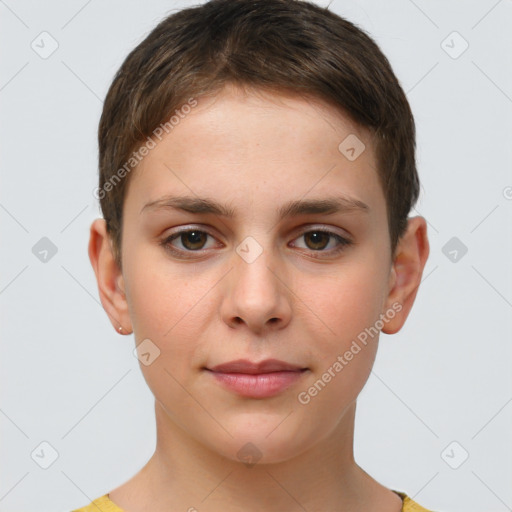 Neutral white young-adult female with short  brown hair and brown eyes