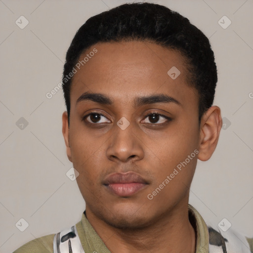 Neutral latino young-adult male with short  black hair and brown eyes