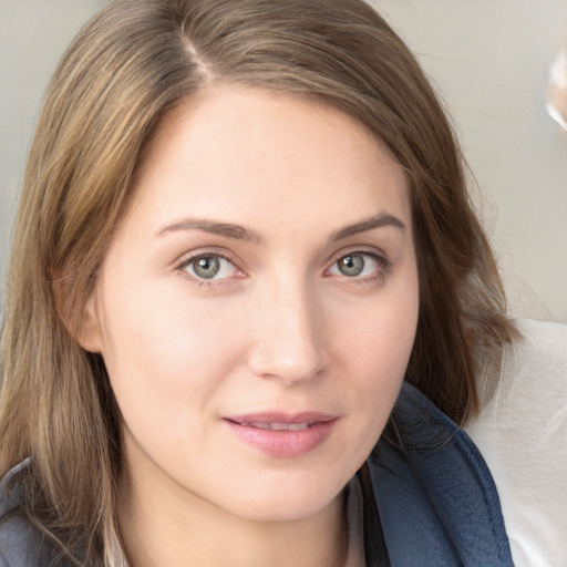 Neutral white young-adult female with medium  brown hair and blue eyes