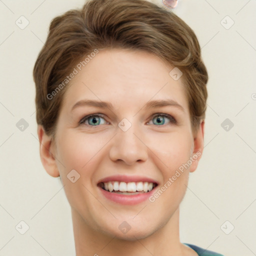 Joyful white young-adult female with short  brown hair and green eyes