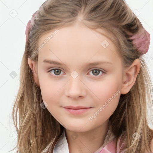 Neutral white child female with medium  brown hair and grey eyes