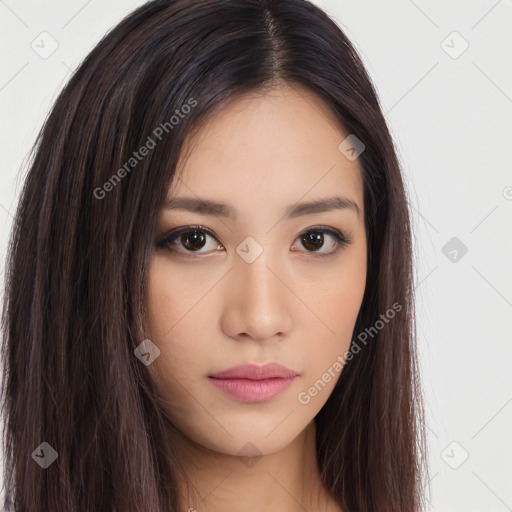 Neutral asian young-adult female with long  brown hair and brown eyes