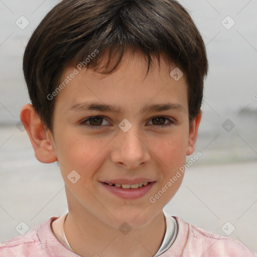 Joyful white child female with short  brown hair and brown eyes