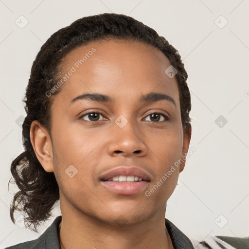 Neutral white young-adult female with short  brown hair and brown eyes