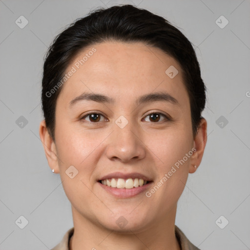 Joyful white young-adult female with short  brown hair and brown eyes