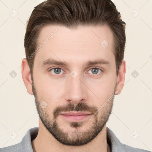 Neutral white young-adult male with short  brown hair and brown eyes