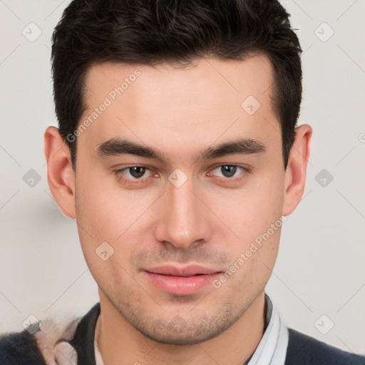 Neutral white young-adult male with short  brown hair and brown eyes