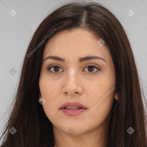 Neutral white young-adult female with long  brown hair and brown eyes