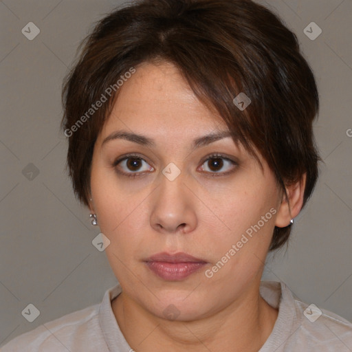 Neutral white young-adult female with short  brown hair and brown eyes