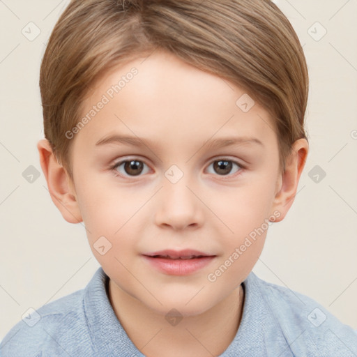 Joyful white child female with short  brown hair and brown eyes