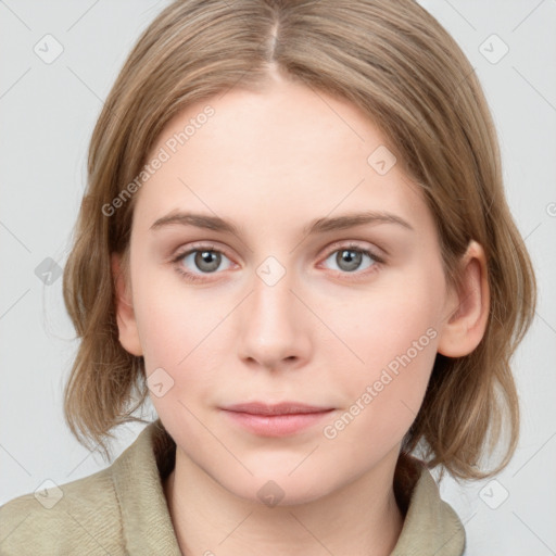 Neutral white young-adult female with medium  brown hair and blue eyes