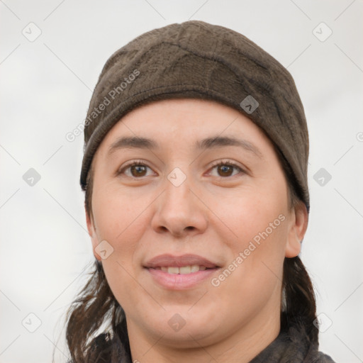 Joyful white young-adult female with medium  black hair and brown eyes