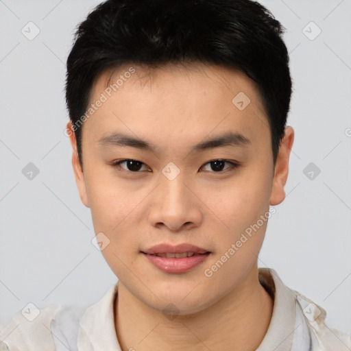 Joyful asian young-adult male with short  black hair and brown eyes