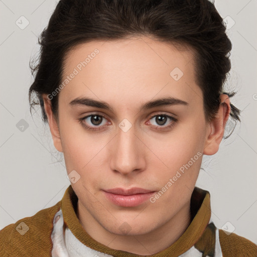 Neutral white young-adult female with medium  brown hair and brown eyes