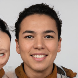 Joyful white young-adult male with medium  brown hair and brown eyes