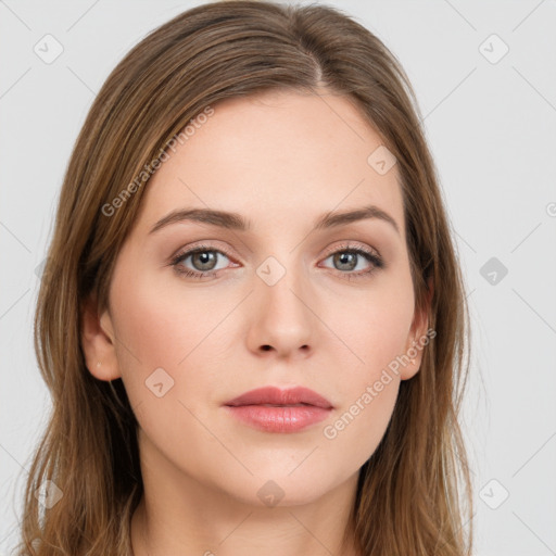 Neutral white young-adult female with long  brown hair and grey eyes