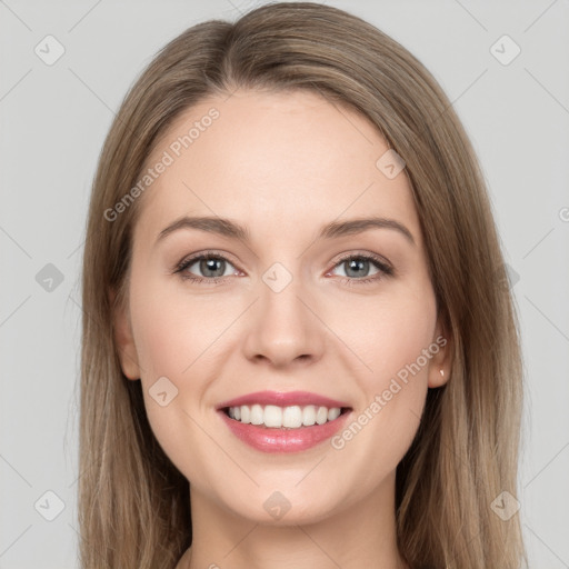 Joyful white young-adult female with long  brown hair and grey eyes