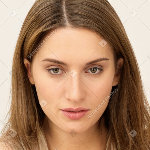 Neutral white young-adult female with long  brown hair and brown eyes