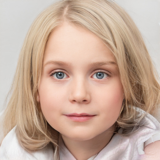 Neutral white child female with medium  brown hair and blue eyes