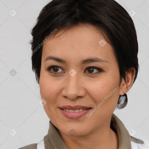 Joyful white young-adult female with medium  brown hair and brown eyes