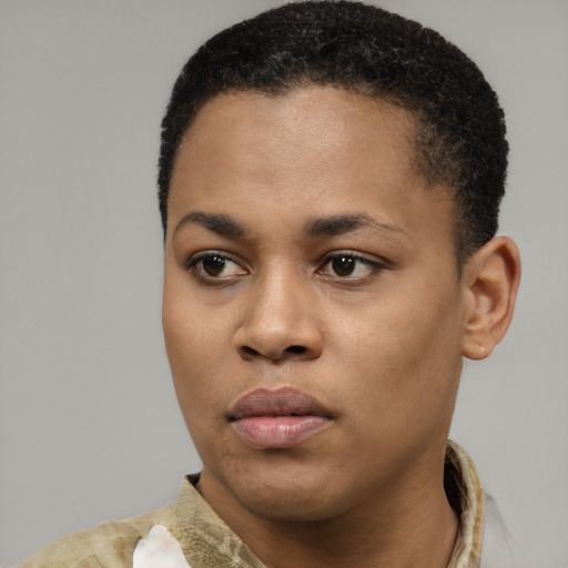 Neutral latino young-adult female with short  black hair and brown eyes