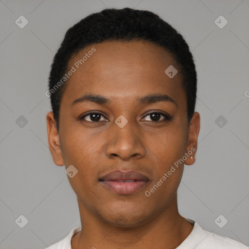 Neutral black young-adult female with short  black hair and brown eyes
