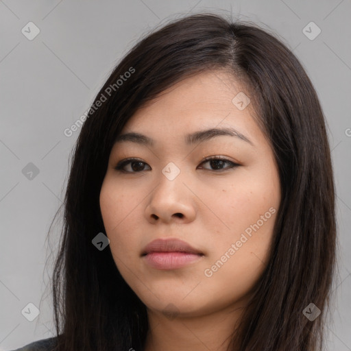 Neutral white young-adult female with long  brown hair and brown eyes