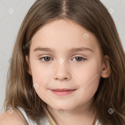 Joyful white child female with long  brown hair and brown eyes