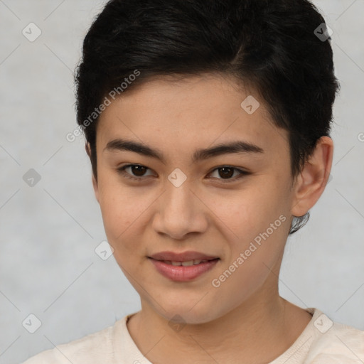 Joyful asian young-adult female with short  brown hair and brown eyes