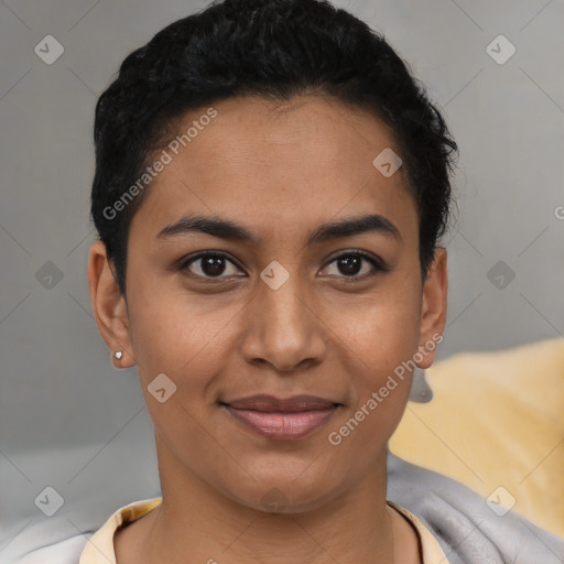 Joyful latino young-adult female with short  brown hair and brown eyes