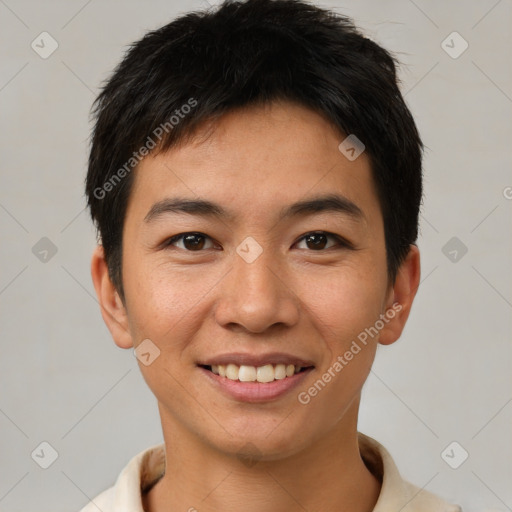 Joyful asian young-adult male with short  brown hair and brown eyes