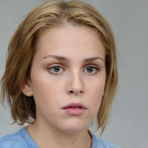 Neutral white young-adult female with medium  brown hair and blue eyes