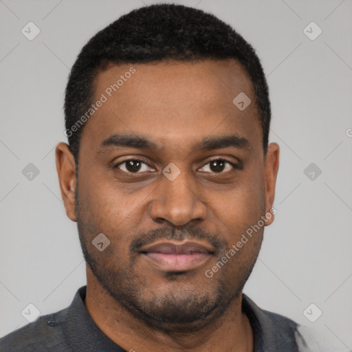 Neutral black young-adult male with short  black hair and brown eyes