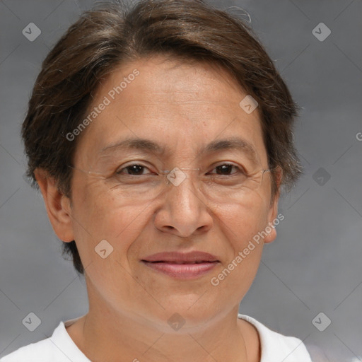 Joyful white adult female with short  brown hair and brown eyes