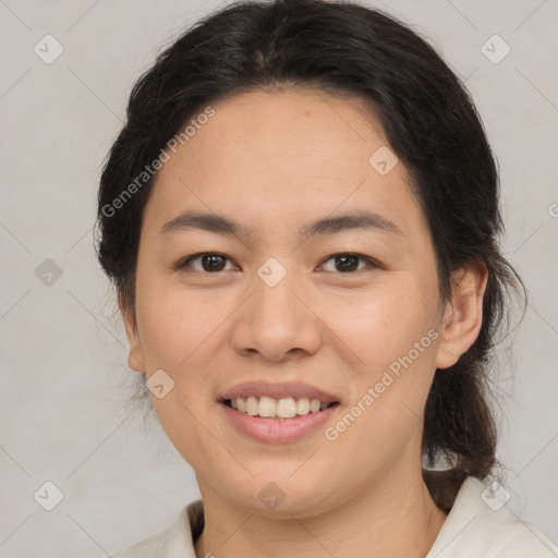 Joyful white young-adult female with medium  brown hair and brown eyes