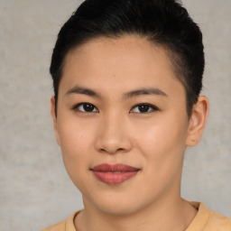 Joyful asian young-adult female with short  brown hair and brown eyes