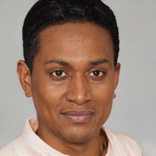 Joyful black young-adult male with short  black hair and brown eyes