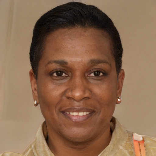 Joyful black adult female with short  brown hair and brown eyes