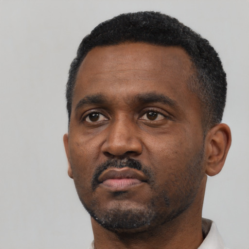 Neutral black adult male with short  black hair and brown eyes