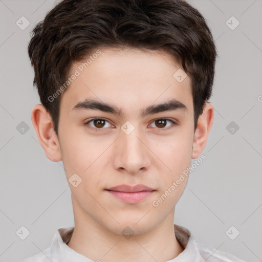 Neutral white young-adult male with short  brown hair and brown eyes