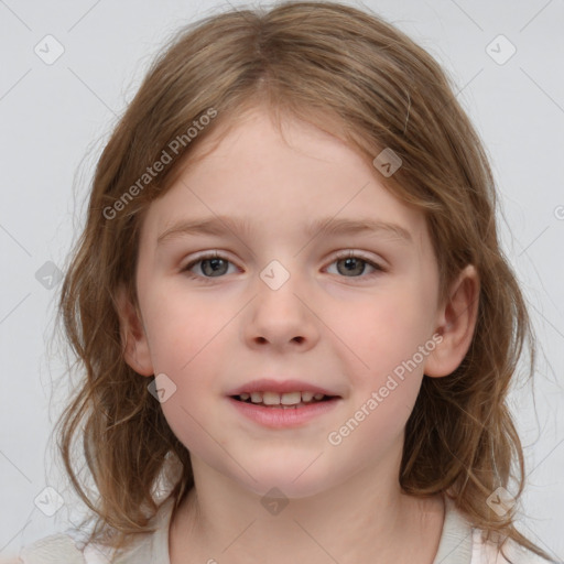 Joyful white child female with medium  brown hair and grey eyes