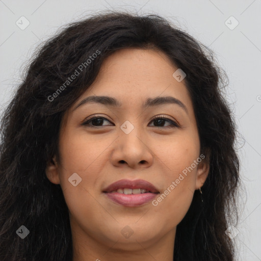 Joyful latino young-adult female with long  brown hair and brown eyes